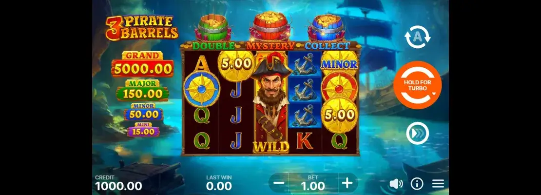 Erste Spielansicht von 3 Pirate Barrels Hold And Win