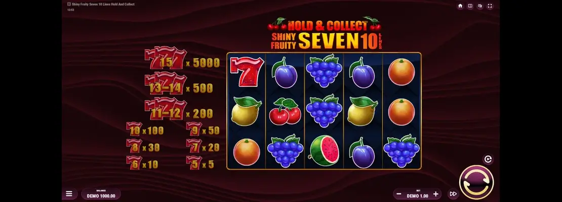 Erste Spielansicht von Shiny Fruity Seven 10 Lines Hold And Win